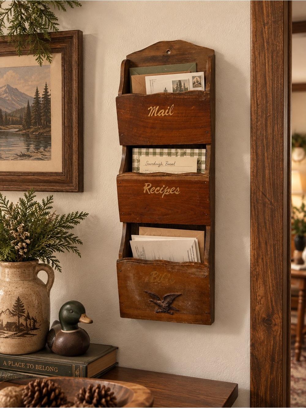 Vintage Brown Wood Wall Mail and Recipes Organizer